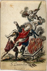 The martyrdom of Saint Laurence. Coloured etching on vellum by J. Cnobbaert.