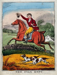 A rider jumping over a wall with his horse followed by two dogs. Coloured line block after a drawing by J. H. Marks.