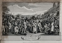 A crowd of spectators wait as Tom Idle is driven in a cart with his coffin to his place of execution and the gallows. Engraving by Thomas Cook after William Hogarth, 1795.