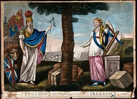 Two women standing under a tree exchanging an olive branch and music, with freight around them and with ships passing by in the background; representing the friendship of England and Ireland as a sea-trading union. Coloured mezzotint.