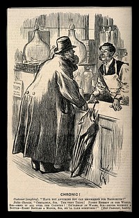 A man with bronchitis asks a chemist for a remedy. Wood engraving after C. Keene.