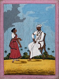 Head servant with his wife offering him betel leaves. Gouache drawing.