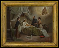 A woman in bed in a sick-room, attended by a physician, receiving the blessing of the Madonna del Parto. Oil painting by R. Pistoni, 1872.