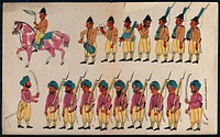 Two rows of soldiers, English and Sikh. Coloured transfer lithograph.