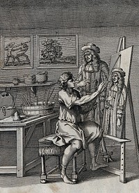 An artist dreams that he is painting the portrait of the Devil disguised as a virtuoso: episode in a fable by John Ogilby. Etching attributed to F. Barlow, 1673.