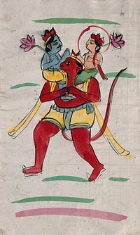Page 7: Hanuman carrying Rama and Laksmana. Watercolour drawing.