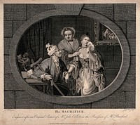 A young woman is weeping as she is being offered in marriage by her mother to a old, lame man. Engraving by J. Goldar after J. Collet, 1767.