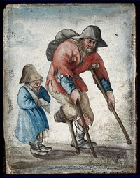 A one-legged man in rags moving with the aid of crutches is accompanied by a child with a bandaged arm. Gouache on vellum.