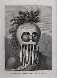 A man from the Hawaiian Islands wearing a mask; encountered by Captain Cook on his third voyage (1777-1780). Engraving by T. Cook after J. Webber, 1780/1785.