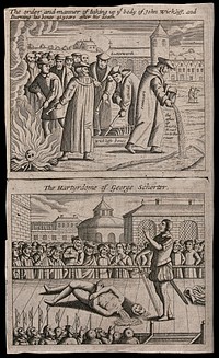 The scattering of the ashes of John Wycliffe's bones after his body had been exhumed and his bones burnt 41 years after his death. Etching.