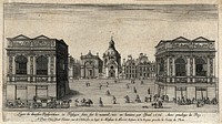 An urban square with pavilions and hospitals. Etching.