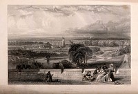 An artist drawing a panoramic view of Eton College from Windsor Castle terrace, Berkshire. Line engraving by T.A. Prior, 1840, after J.D. Harding.