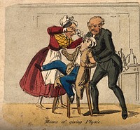 A doctor restraining a young man while a lady funnel-feeds his medicine. Coloured etching, c. 1840.