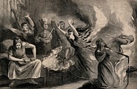 A fire in the Livingston County Poorhouse, Geneseo, New York: mentally ill women try to escape. Wood engraving, 1867.