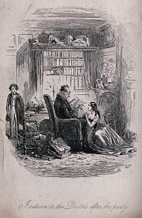 David Copperfield as a boy enters the study of Dr Strong who is absorbed in lexicographic work; his young wife Annie is sitting on a stool at his feet. Etching by Phiz. (Hablot K. Browne), 1849.