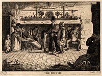 A doctor examining a man's tongue in a country tavern. Etching by H. Smith, 1858.