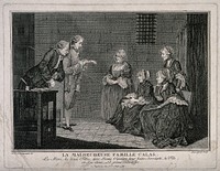 The family of Jean Calas sit listening to Alexandre Lavaysse reading a letter from Calas after his execution. Engraving by Peter Gleich after L.C. de Carmontelle.