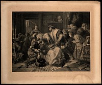 Leonardo da Vinci on his deathbed, at Cloux in 1519, with François I and members of the royal household in attendance. Engraving by Ch. Preisel after J. Schrader.