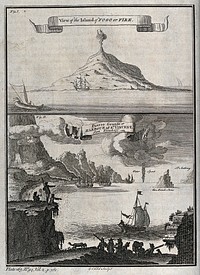 Cape Verde Islands: above, the volcanic island Fogo; below, the harbour of St Vincent (Porto Grande). Etching by G. Child.