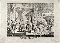 People relieving themselves in a public space between Leiden and Harlem. Etching, 1765.