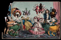 Women wearing enormous headwear amusing themselves by playing music, dancing and drawing. Coloured etching.