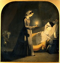Florence Nightingale as the lady with the lamp. Oil painting attributed to J. Butterworth.