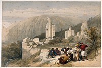 Men sitting to smoke by a ruined triumphal arch at Petra, Jordan. Coloured lithograph by L. Haghe after D. Roberts, 1839.