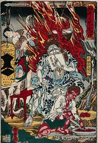 The Buddhist guardian deity, Fudô Myôô, reading a government propaganda publication, enthusing about Western customs and modernisation: one attendant prepares meat, another warms sake in the sacred flame. Colour woodcut by Kyōsai, 1874.