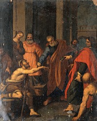 Saint Peter and Saint John healing a lame man at the entrance to the Temple. Oil painting after L. Cardi, il Cigoli.