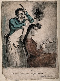 A hair-dresser accidentally severing a woman's locks with his curling tongs. Coloured lithograph.