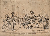 Men learning to ride at an equestrian school: one horse is misbehaving. Etching by T. Rowlandson after H.W. Bunbury.