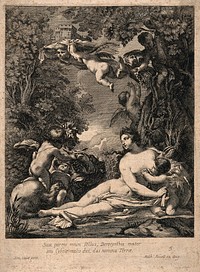 Cybele, a Phrygian earth goddess, surrounded by putti, lions, fruit and general abundance, a flying putto carries a model of a building on his head. Engraving by M. Küssel after S. Vouet.