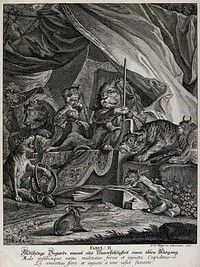 A pained wolf with its paw in a caltrop is presented to the lion and its attentive looking entourage of wild animals in a makeshift camp in the forest with a fox scribbling in a book. Etching by J. E. Ridinger.