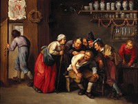 A surgeon removing a plaster from a man's back, with five people looking on. Oil painting attributed to Adriaen Rombouts, 16--.