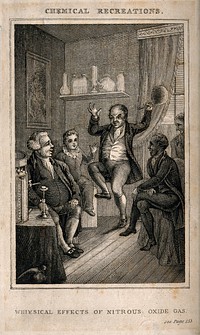 A man dancing and laughing as a result of the effects of nitrous oxide gas. Engraving.