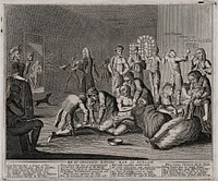 In a lunatic asylum, and in the company of a variety of other deranged individuals, a half-naked Ramble Gripe, his wrists chained, is restrained by orderlies. Engraving by T. Bowles, 1735.