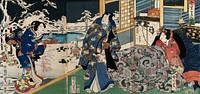 A prince visits his paramour, who is in bed, on a snowy winter's day, while a servant brings in a tray of food: a Genji-inspired triptych. Colour woodcut by Kunichika, 1865.