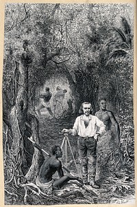 Louis Lacharme, with a level and with local assistants, clearing a route through dense jungle in Panama for an interoceanic canal. Wood engraving by G. Vuillier.