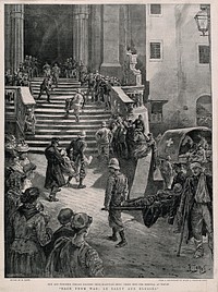 First Italo-Ethiopian War, 1895-1896: soldiers returing from Eritrea being taken into hospital in Naples. Process print by Meisenbach after J. Fortuné Nott after H. Lanos.