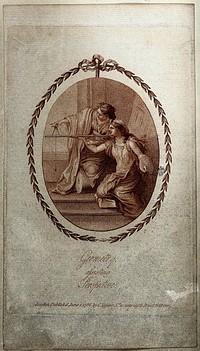 A woman painting a Roman temple is taught the use of scientific instruments by another woman; representing Geometry assisting Perspective. Stipple engraving.