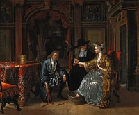 A physician taking the pulse of a woman and a surgeon preparing to let blood from her foot. Oil painting by Matthijs Naiveu.
