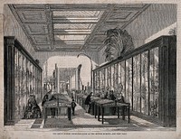 The British Museum: the Botanical Room, with visitors. Wood engraving, [1858].