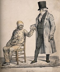 A rich physician feels the pulse of a poor, sick patient; he tells him he is fine. Coloured lithograph by E.J. Pigal, 1822.