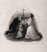 A man, a woman and a girl at prayer. Etching.