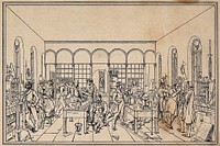 Justus von Liebig and colleagues at work in the analytical laboratory in Giessen. Lithograph  after W. Trautschold, ca. 1840 .