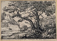 A landscape with a tree in the foreground, a house in the middle ground, a castle in the background. Lithograph by H.B. Ker, ca. 1803.
