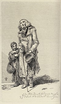A blind old man holding out his hat begging for alms is supported by a boy in tattered clothes. Etching by J.T.Smith, 1816.