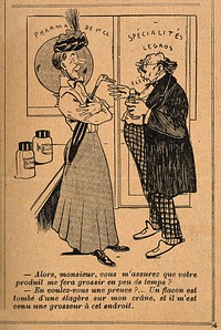 A lady asks a pharmacist about his enlargening potion; he displays the bump on his head as proof of its efficacy. Process print after a wood engraving.