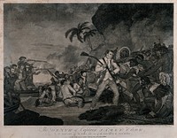 The death of Captain James Cook: a man is fighting off his attackers with the butt of a rifle, men in a boat behind him are firing rifles at those on shore. Engraving, 1794, by I. Hall and I. Thornthwaite and S. Smith after G. Carter.
