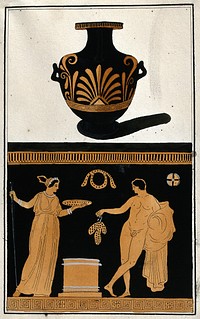 Above, red-figured Greek water jar (hydria) decorated with a palm motif; below, detail of decoration showing a naked man and a woman holding a dish. Watercolour by A. Dahlsteen, 176- .